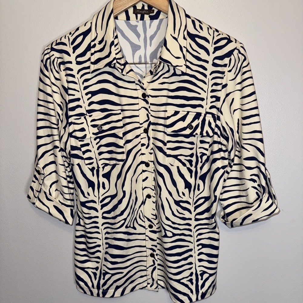 J. McLaughlin 3/4 Sleeve Button Cream Navy Zebra Print Blouse Top W-511 Sz‎ M